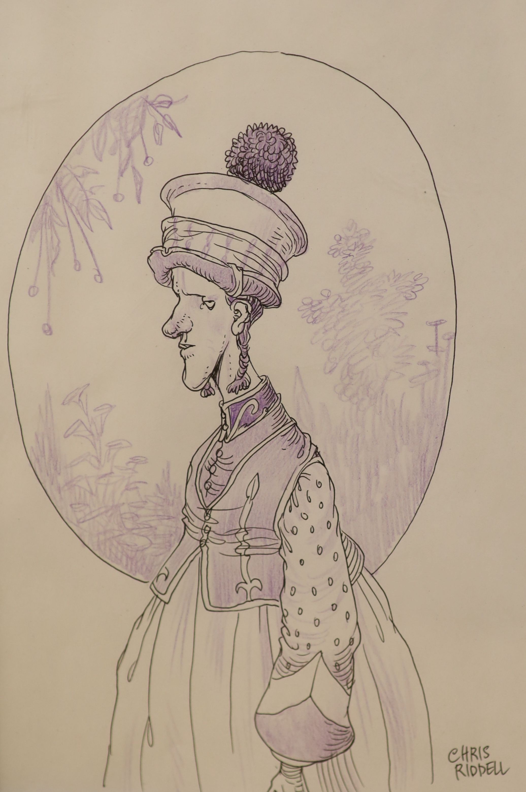 Christopher Riddell (1962-), ink and coloured pencil, Despondent Monarch, signed, 29 x 20cm